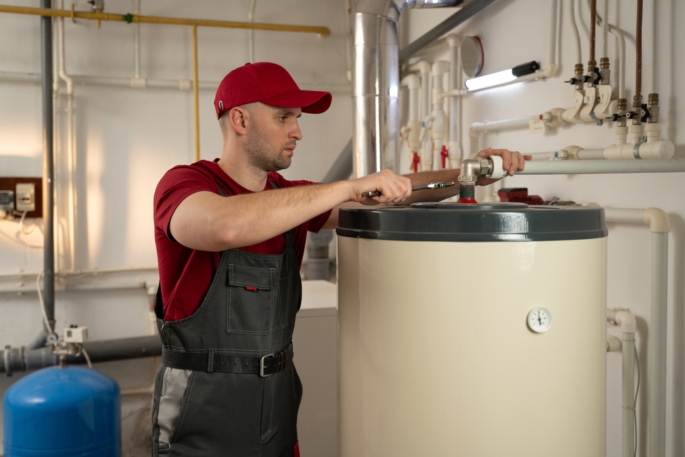 Technician servicing a residential water heater